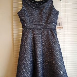 Blue metallic dress. Beading around neckline